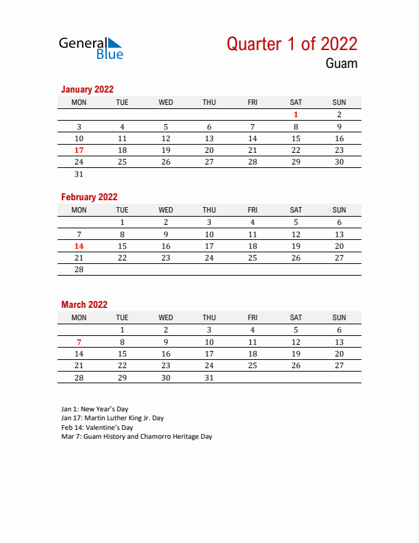 Printable Three Month Calendar with Guam Holidays