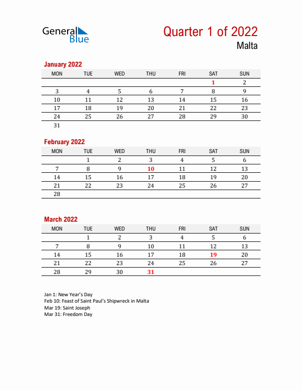 Printable Three Month Calendar with Malta Holidays