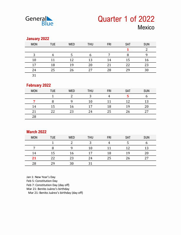 Printable Three Month Calendar with Mexico Holidays