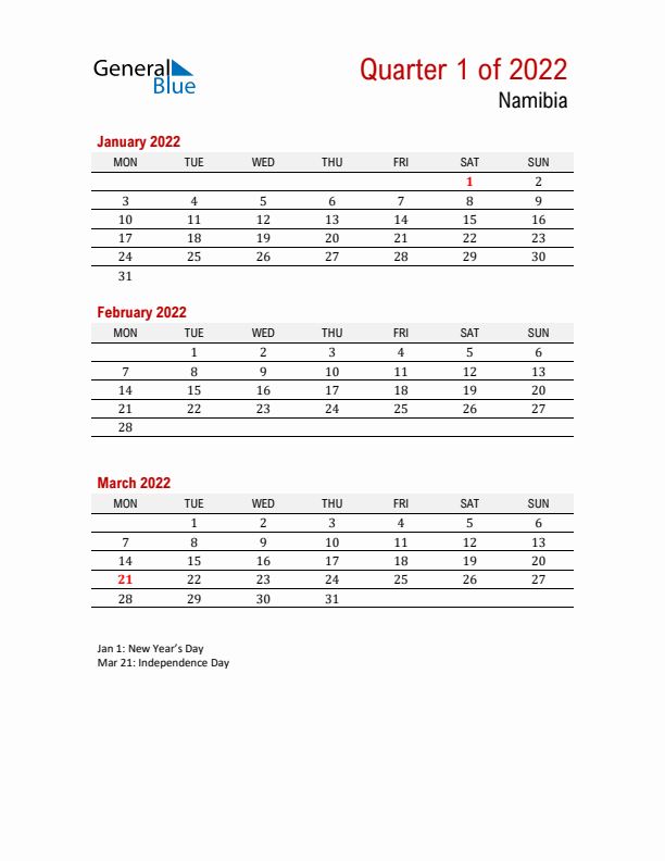 Printable Three Month Calendar with Namibia Holidays