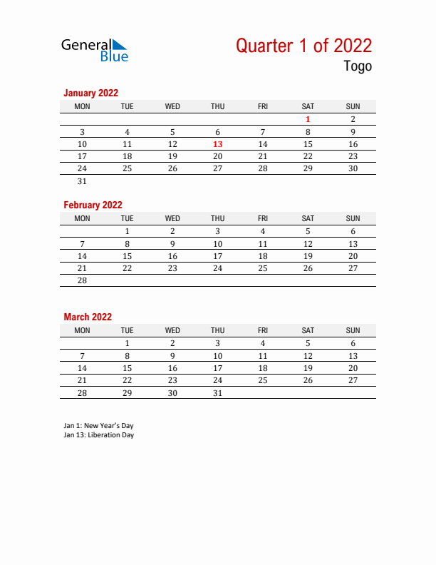 Printable Three Month Calendar with Togo Holidays