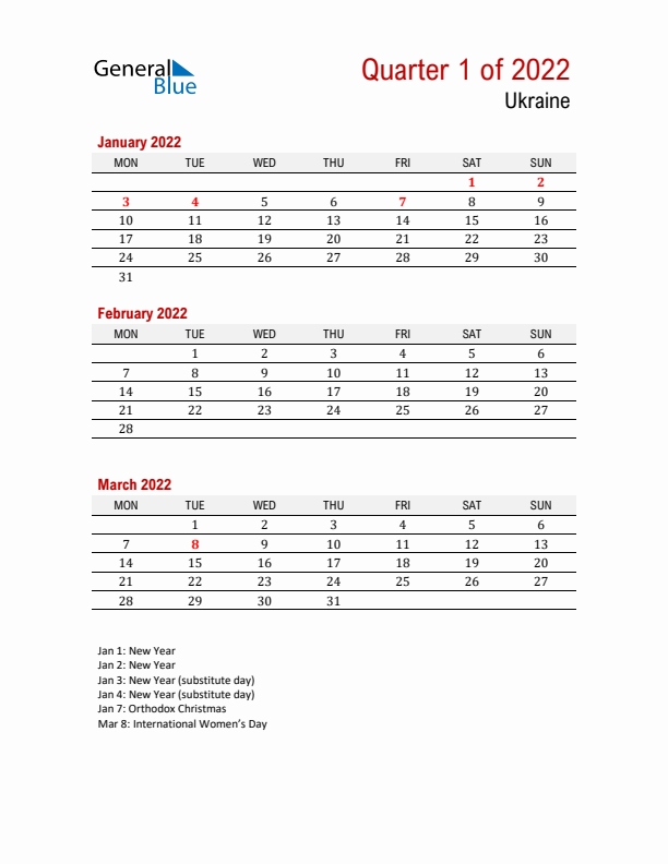 Printable Three Month Calendar with Ukraine Holidays