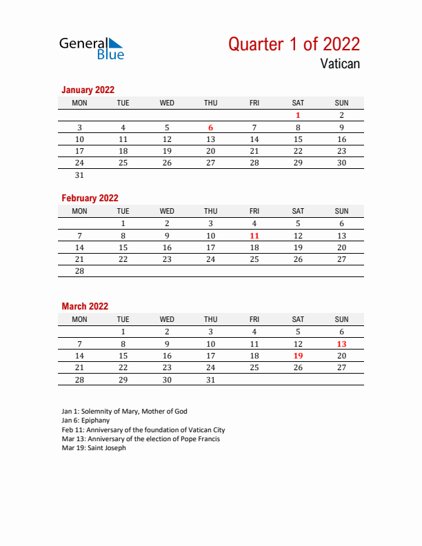 Printable Three Month Calendar with Vatican Holidays