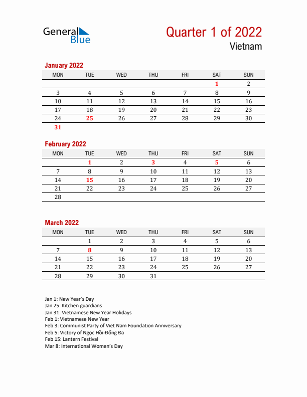 Printable Three Month Calendar with Vietnam Holidays