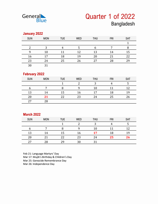 Printable Three Month Calendar with Bangladesh Holidays