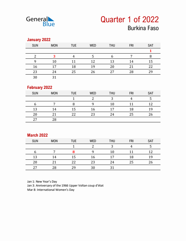 Printable Three Month Calendar with Burkina Faso Holidays