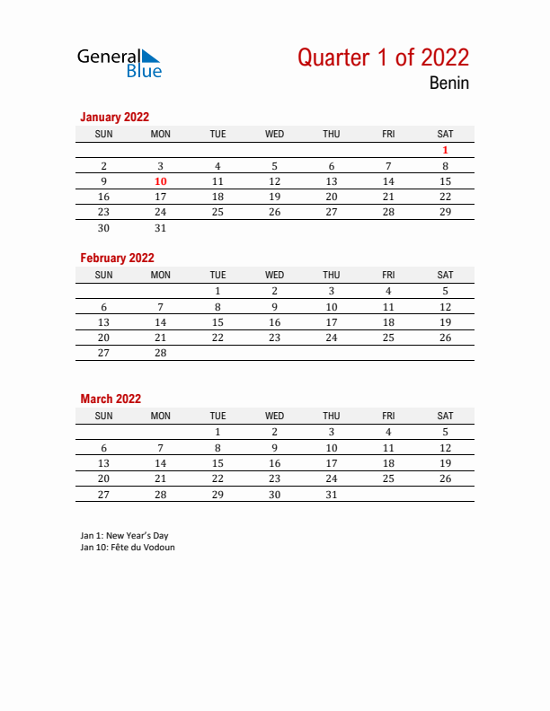 Printable Three Month Calendar with Benin Holidays