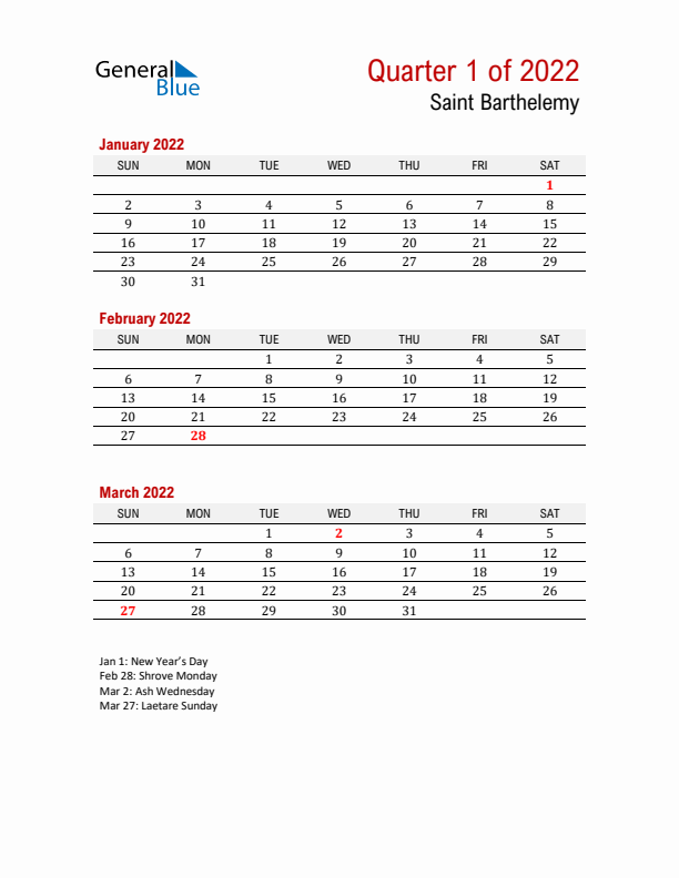 Printable Three Month Calendar with Saint Barthelemy Holidays