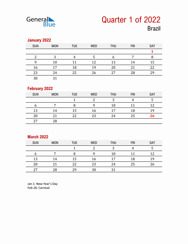 Printable Three Month Calendar with Brazil Holidays