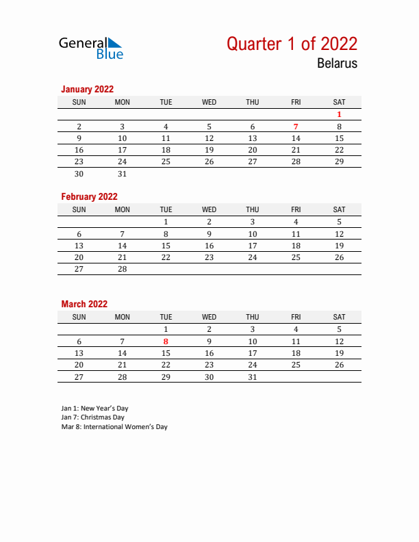 Printable Three Month Calendar with Belarus Holidays