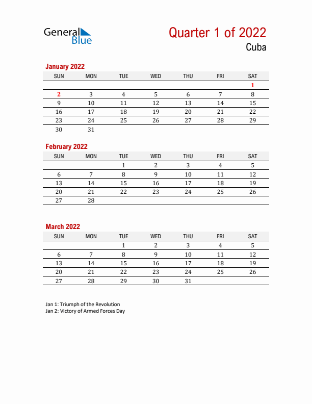 Printable Three Month Calendar with Cuba Holidays