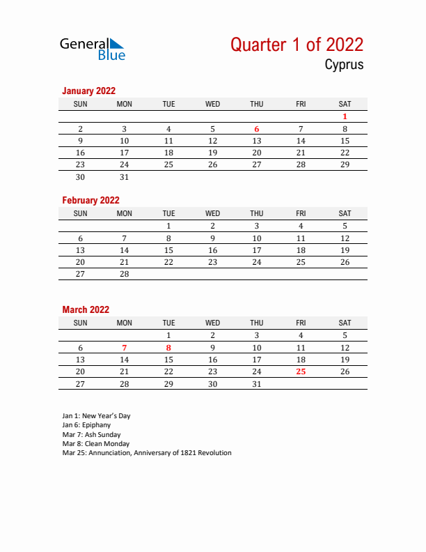 Printable Three Month Calendar with Cyprus Holidays