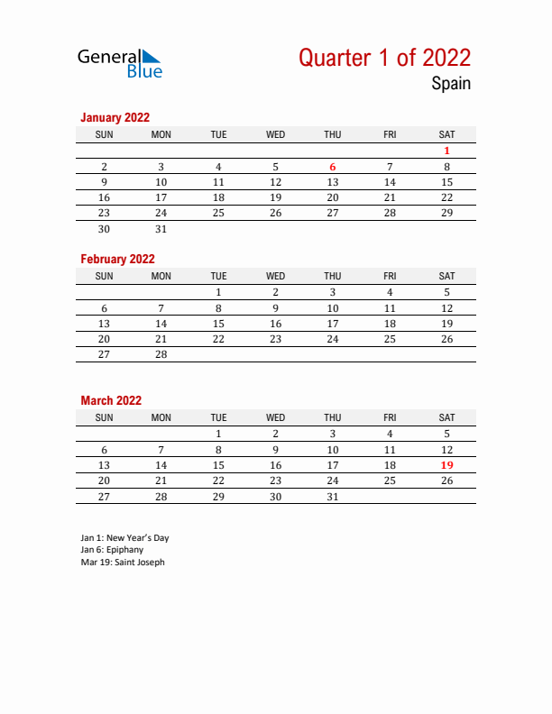 Printable Three Month Calendar with Spain Holidays