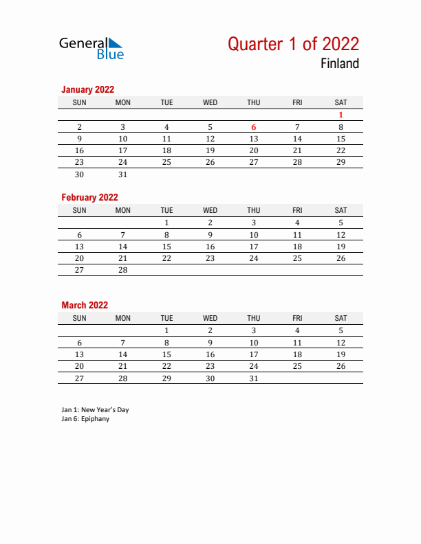 Printable Three Month Calendar with Finland Holidays