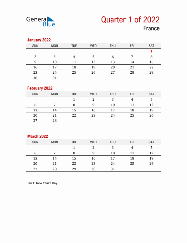 Printable Three Month Calendar with France Holidays