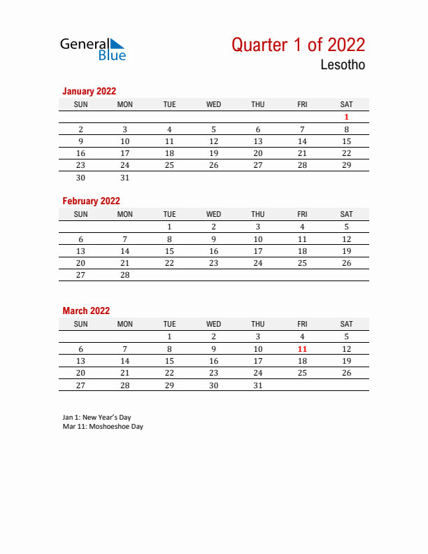 Printable Three Month Calendar with Lesotho Holidays