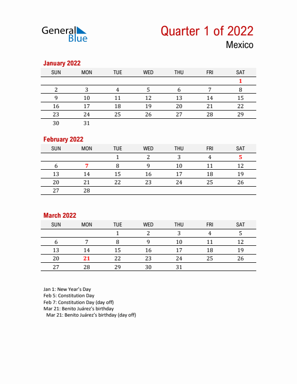 Printable Three Month Calendar with Mexico Holidays