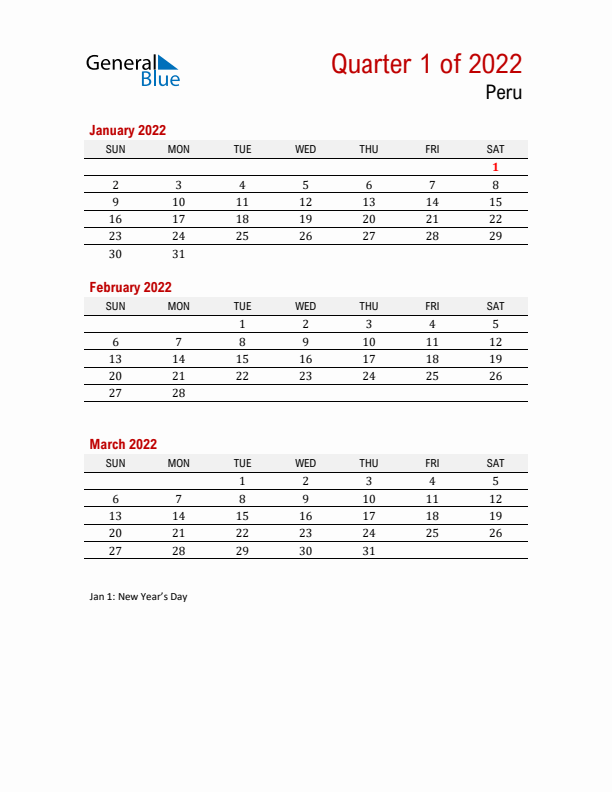 Printable Three Month Calendar with Peru Holidays