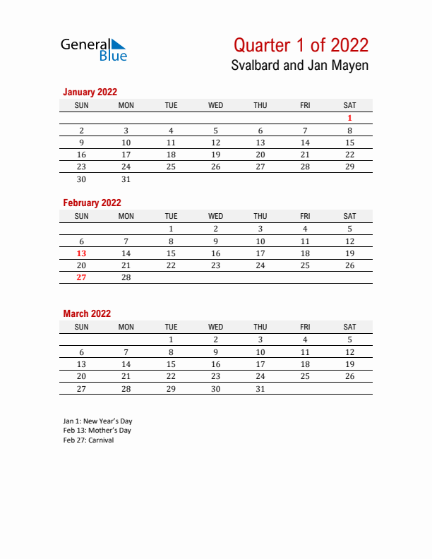 Printable Three Month Calendar with Svalbard and Jan Mayen Holidays