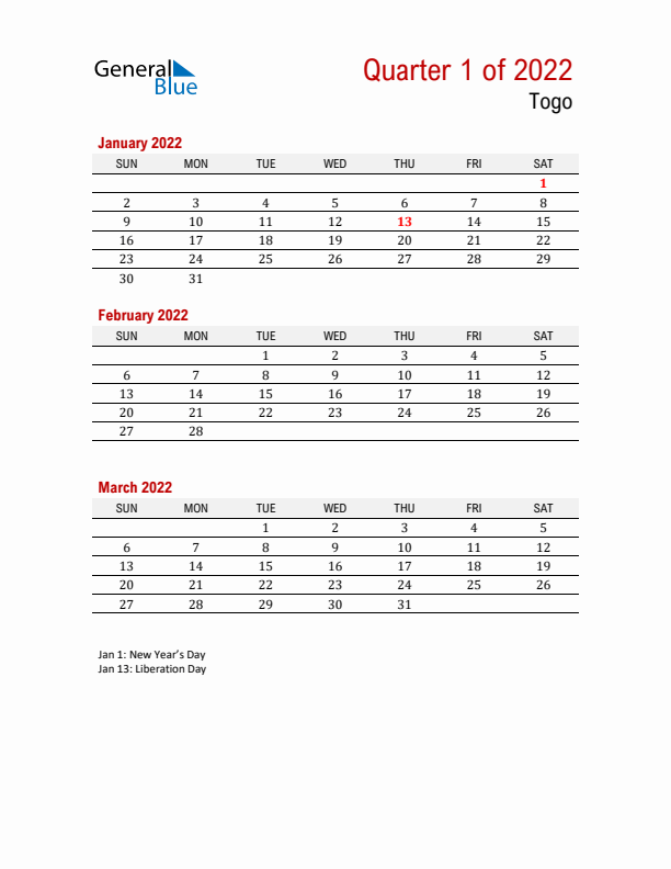 Printable Three Month Calendar with Togo Holidays