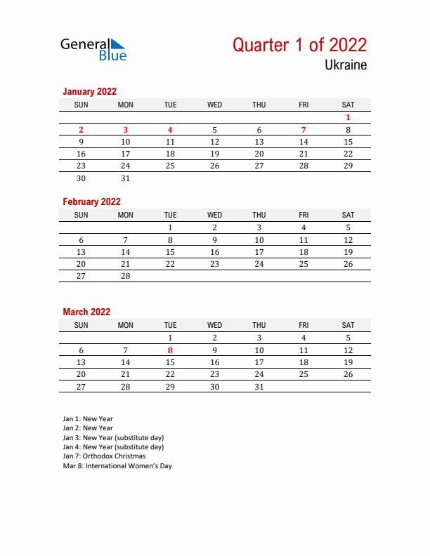 Printable Three Month Calendar with Ukraine Holidays