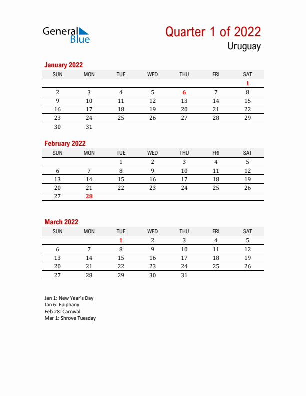 Printable Three Month Calendar with Uruguay Holidays