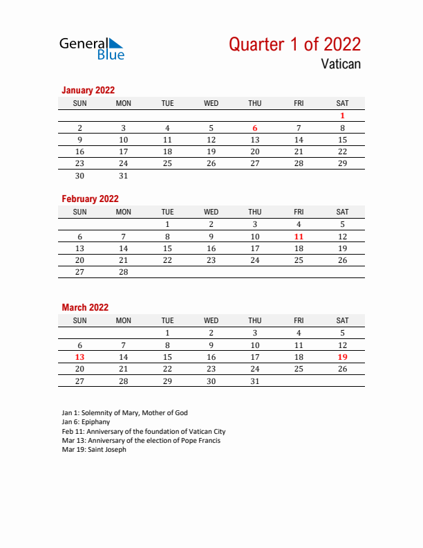 Printable Three Month Calendar with Vatican Holidays