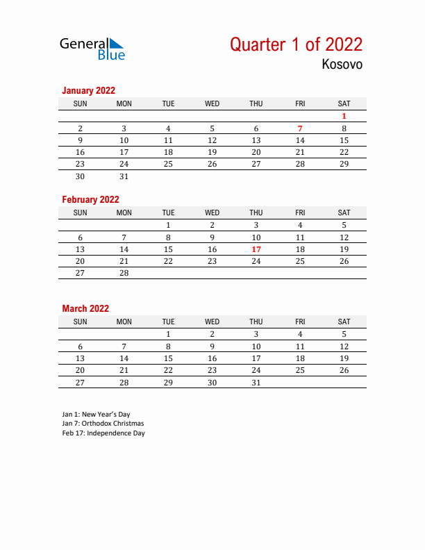 Printable Three Month Calendar with Kosovo Holidays