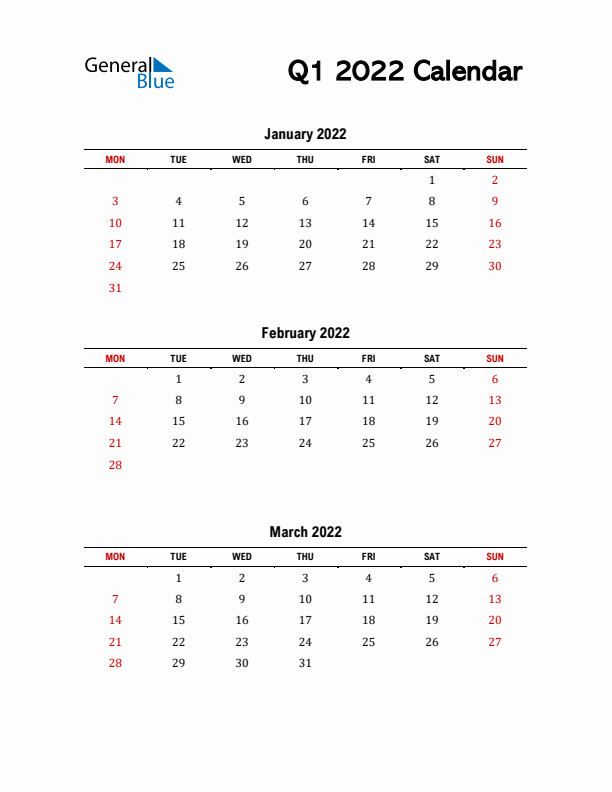 2022 Q1 Calendar with Red Weekend