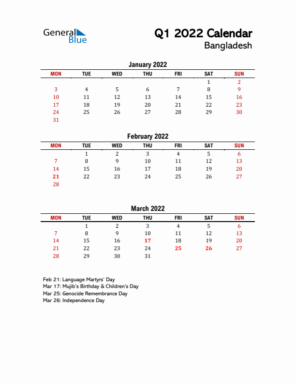 2022 Q1 Calendar with Holidays List for Bangladesh