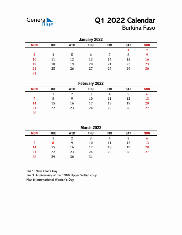 2022 Q1 Calendar with Holidays List for Burkina Faso