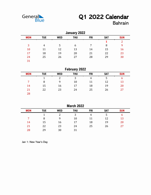 2022 Q1 Calendar with Holidays List for Bahrain