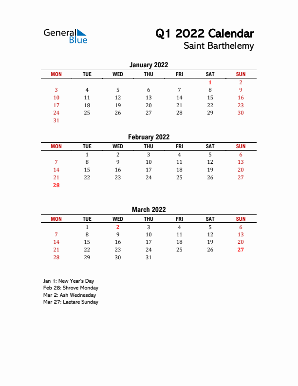 2022 Q1 Calendar with Holidays List for Saint Barthelemy