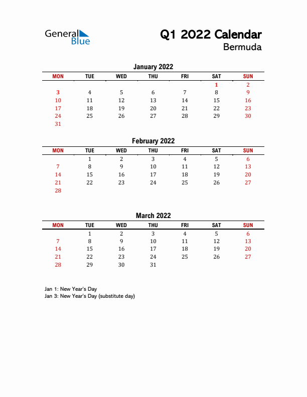 2022 Q1 Calendar with Holidays List for Bermuda