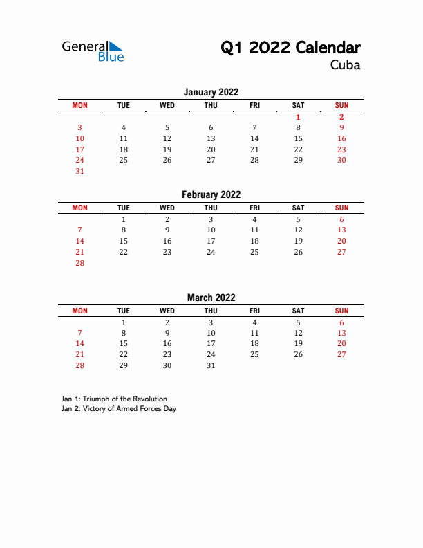 2022 Q1 Calendar with Holidays List for Cuba