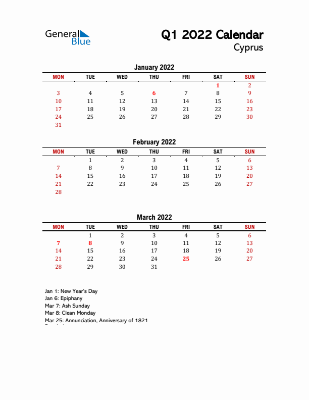 2022 Q1 Calendar with Holidays List for Cyprus