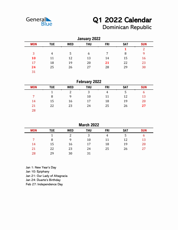 2022 Q1 Calendar with Holidays List for Dominican Republic