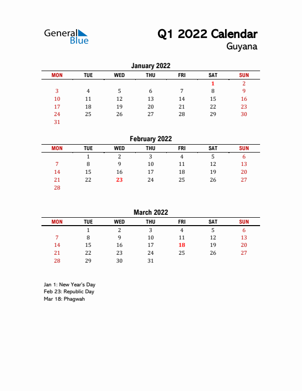 2022 Q1 Calendar with Holidays List for Guyana