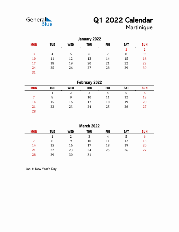 2022 Q1 Calendar with Holidays List for Martinique