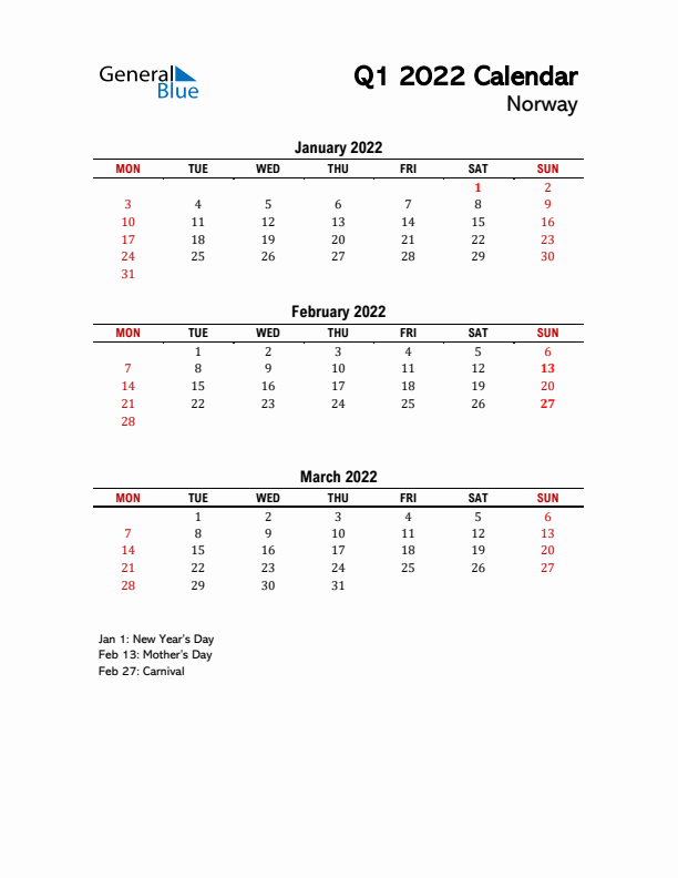 2022 Q1 Calendar with Holidays List for Norway