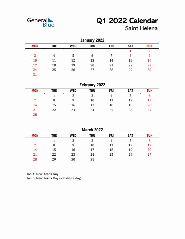 2022 Q1 Calendar with Holidays List for Saint Helena