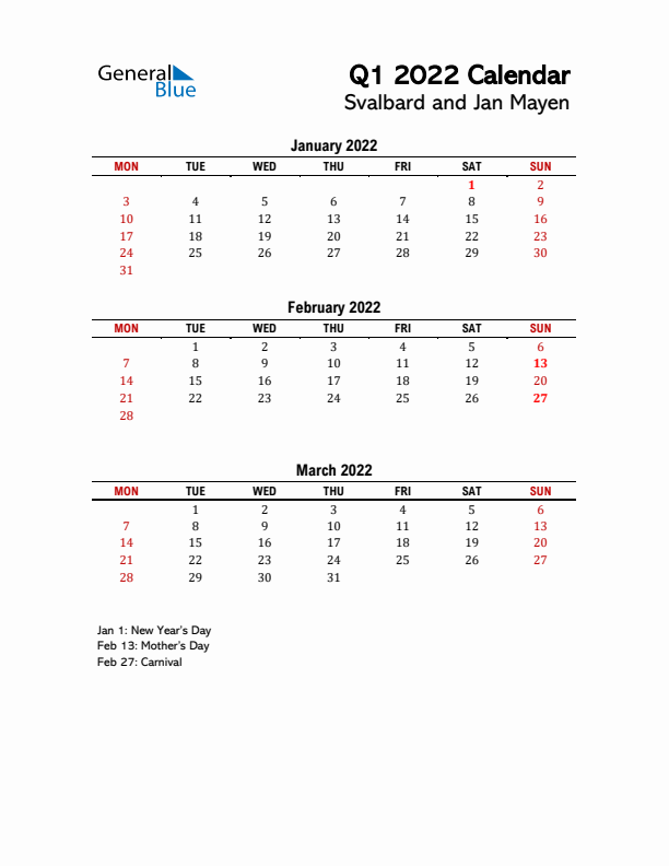 2022 Q1 Calendar with Holidays List for Svalbard and Jan Mayen