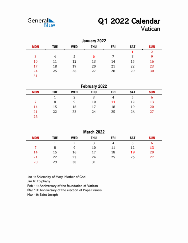 2022 Q1 Calendar with Holidays List for Vatican