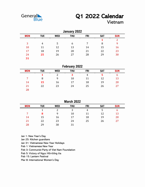 2022 Q1 Calendar with Holidays List for Vietnam