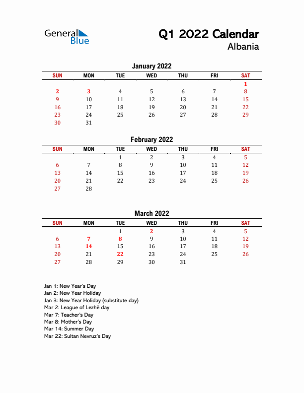 2022 Q1 Calendar with Holidays List for Albania