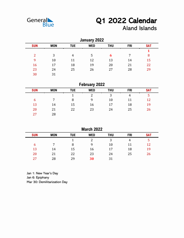 2022 Q1 Calendar with Holidays List for Aland Islands