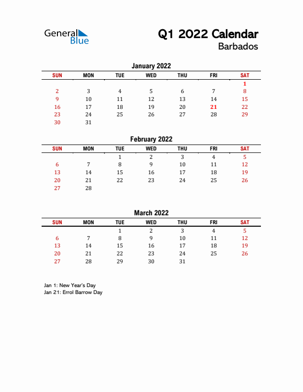 2022 Q1 Calendar with Holidays List for Barbados