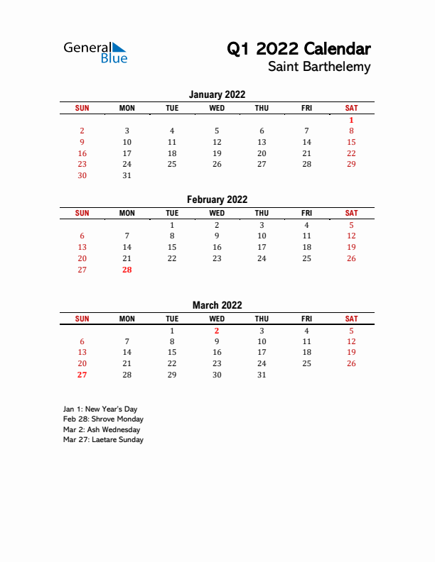 2022 Q1 Calendar with Holidays List for Saint Barthelemy