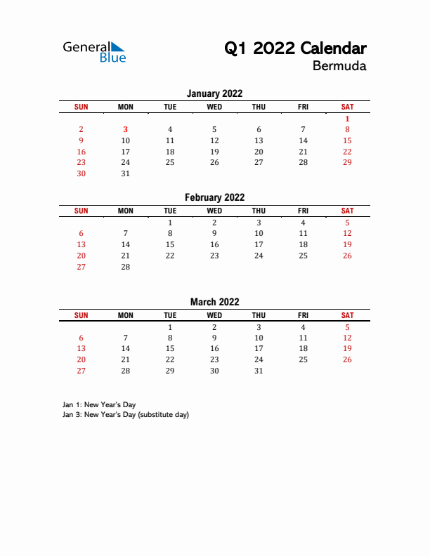 2022 Q1 Calendar with Holidays List for Bermuda