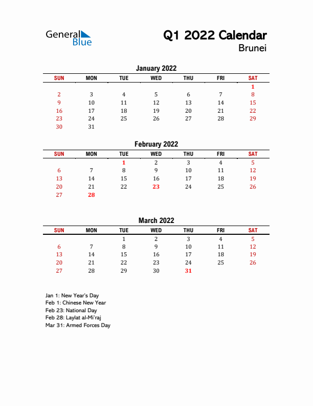 2022 Q1 Calendar with Holidays List for Brunei